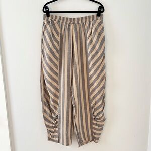 Luukaa Linen Pleat-Tuck Lantern Pant Stripe Pockets Wide Leg Ankle Flowy